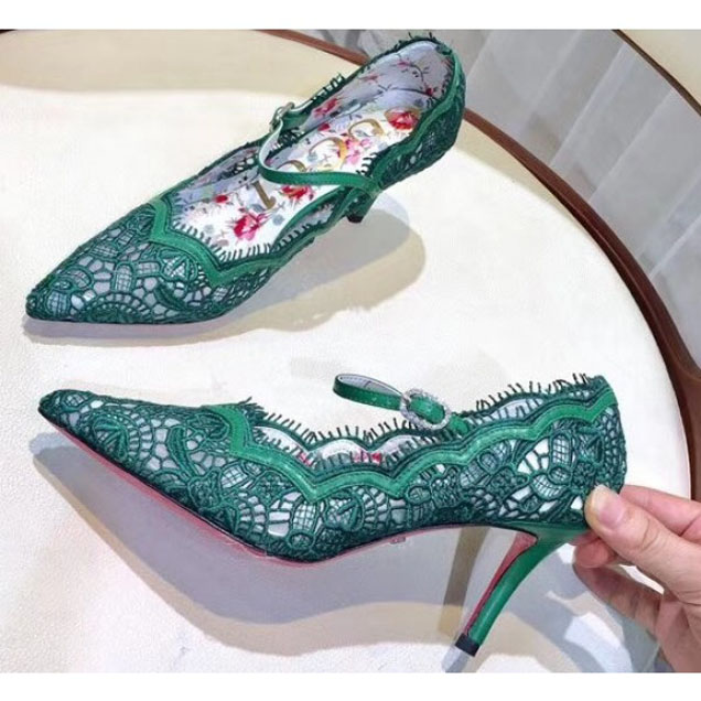 Gucci Heel 7.5cm Virginia Lace Pumps Green 2018