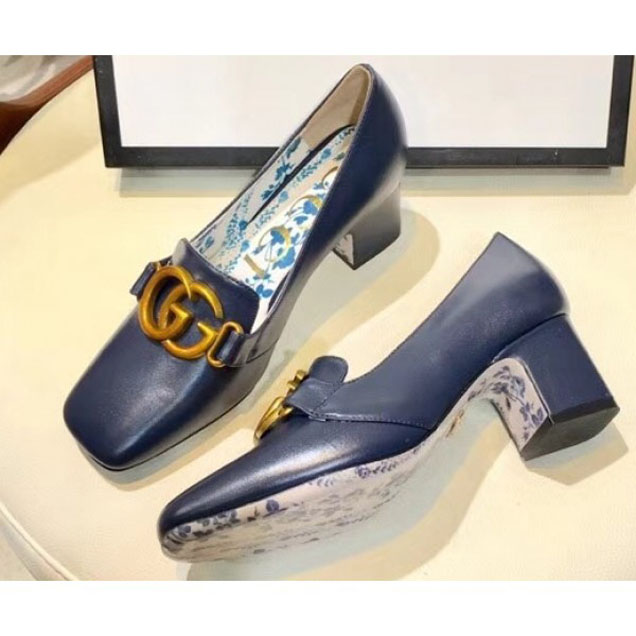 Gucci Leather Mid-Heel 5.5cm Pumps Navy Blue with Double G 2018