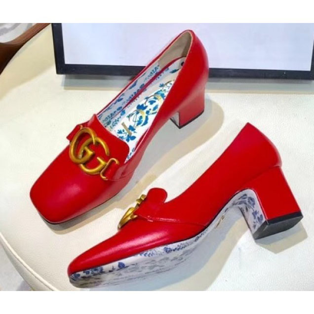 Gucci Leather Mid-Heel 5.5cm Pumps Red with Double G 2018