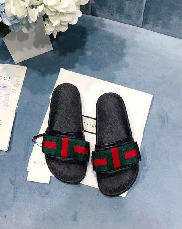 Gucci Satin Slide with Web Bow Pursuit Canvas Slide Pool Sandals Spring Summer 2018 Collection Black