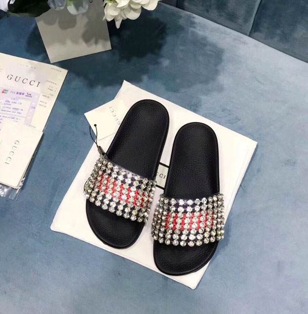 Gucci Web with Crystals Slide Pool Sandals Spring Summer 2018 Collection Black