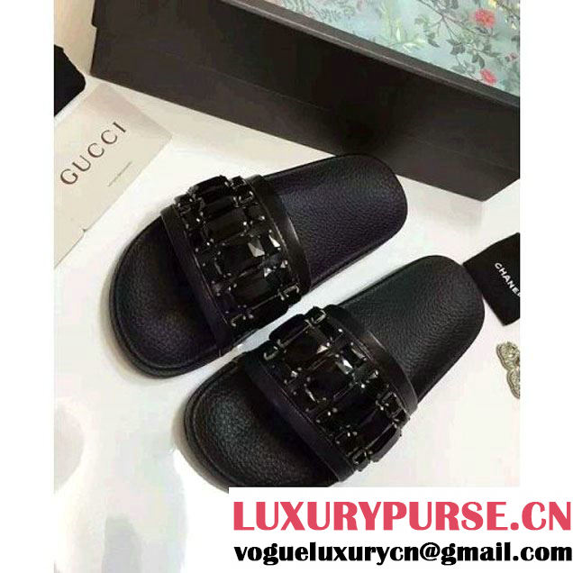 Gucci Crystal Calfskin Leather Slide Sandal Black 2016 (GD2000-6032833 )