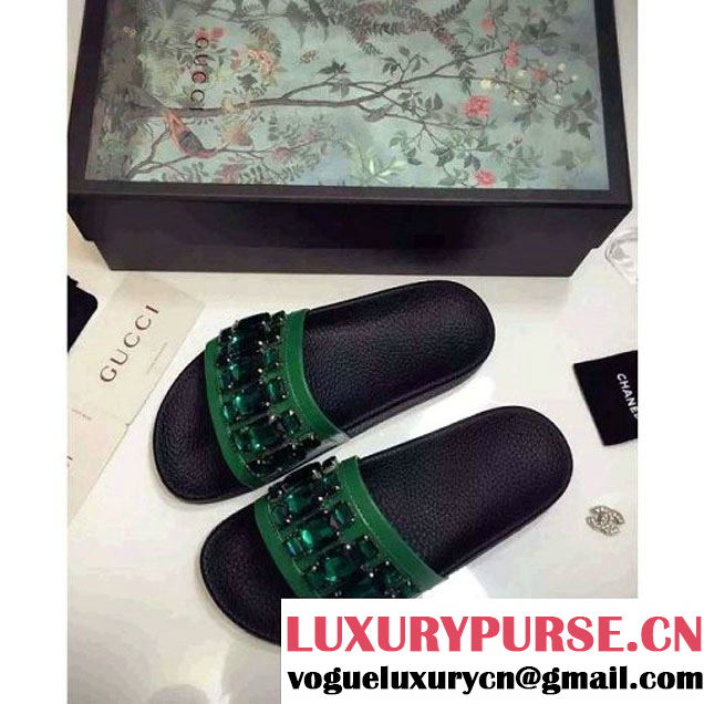 Gucci Crystal Calfskin Leather Slide Sandal Green 2016 (GD2000-6032835 )