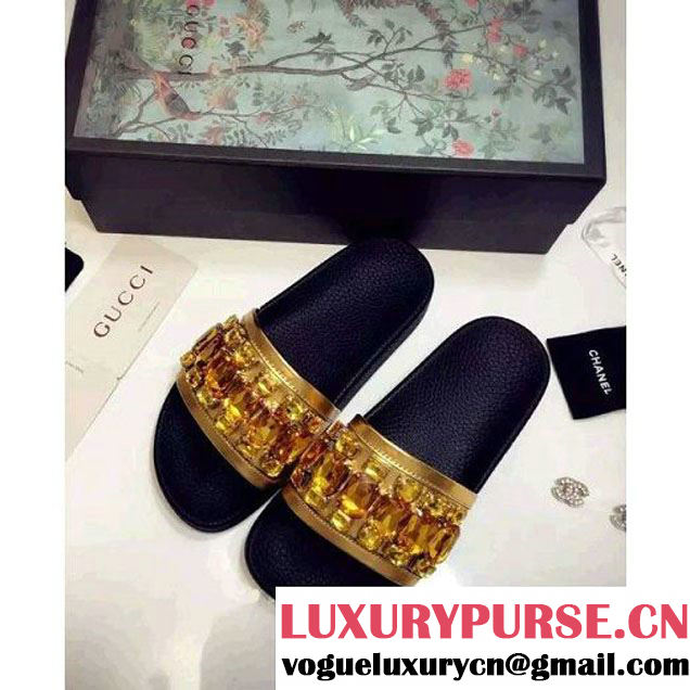 Gucci Crystal Calfskin Leather Slide Sandal Yellow 2016 (GD2000-6032836 )