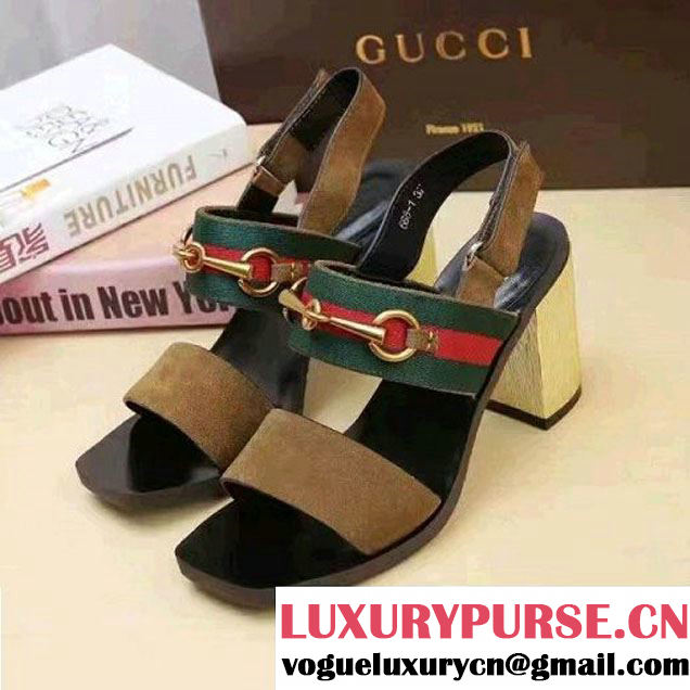 Gucci Suede Leather And Web Horsebit Mid-Heel Sandal Brown 2017 (SZ3023-7021701 )