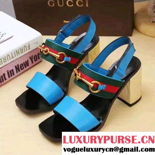 Gucci Leather And Web Horsebit Mid-Heel Sandal Blue 2017 (SZ3023-7021704 )