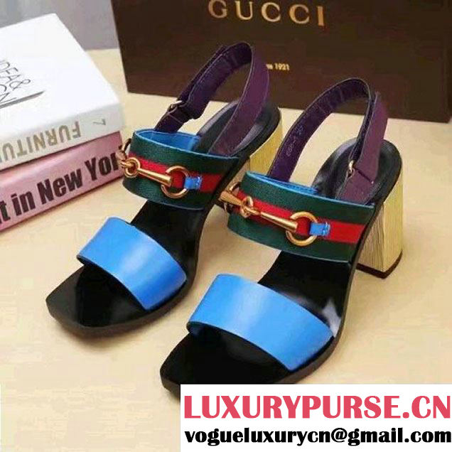 Gucci Leather And Web Horsebit Mid-Heel Sandal Blue/Purple 2017 (SZ3023-7021710 )