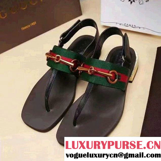 Gucci Leather And Web Horsebit Thong Sandal Black 2017 (SZ3023-7021712 )