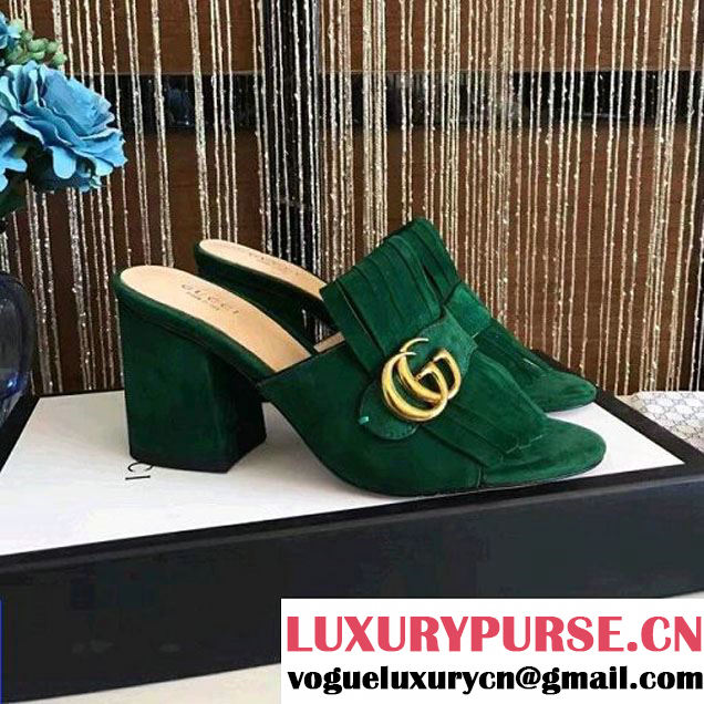 Gucci 453495 Fringe Suede Mid-Heel Slide Sandals with 7cm Heel Green 2017 (GD4007-7022344 )