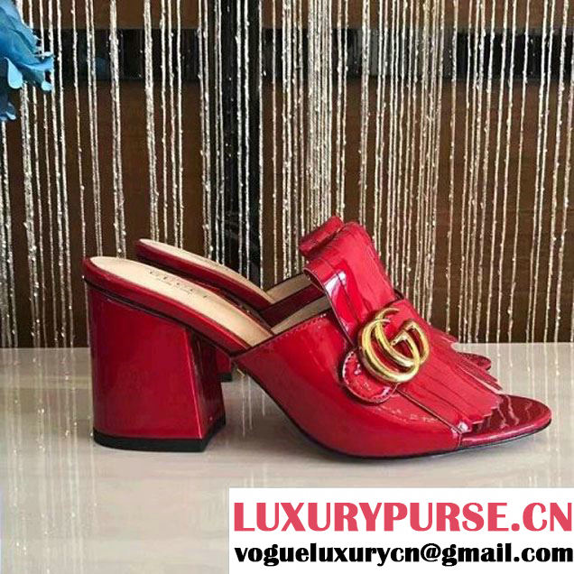 Gucci 453495 Fringe Patent Leather Slide Sandals with 7cm Heel Red 2017 (GD4007-7022348 )