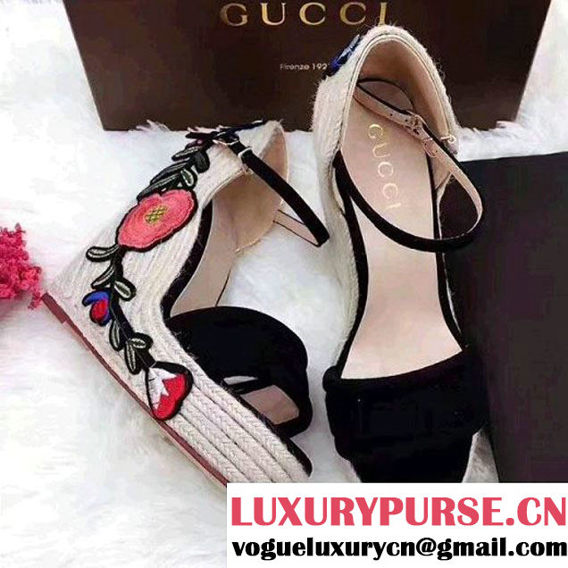 Gucci Embroidered Suede Platform Espadrille Sandal 454303 Black 2017 (GD5023-7032131 )