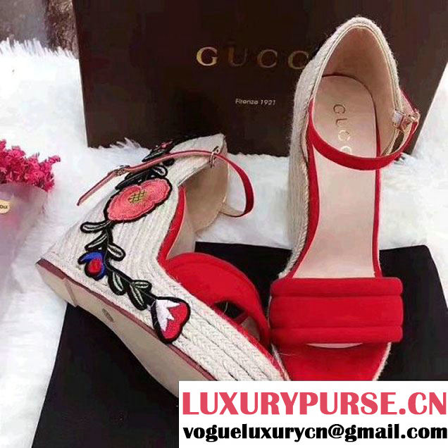 Gucci Embroidered Suede Platform Espadrille Sandal 454303 Red 2017 (GD5023-7032132 )