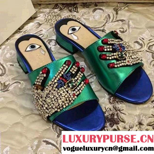 Gucci Metallic Leather Slipper With Jeweled Palm Blue 2017 (GD5033-7040121 )