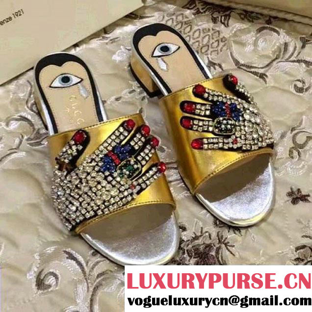 Gucci Metallic Leather Slipper With Jeweled Palm Gold 2017 (GD5033-7040122 )