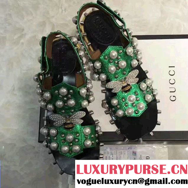 Gucci Leather studded sandal 452147 Metallic Green 2017 (GD5023-7041710 )