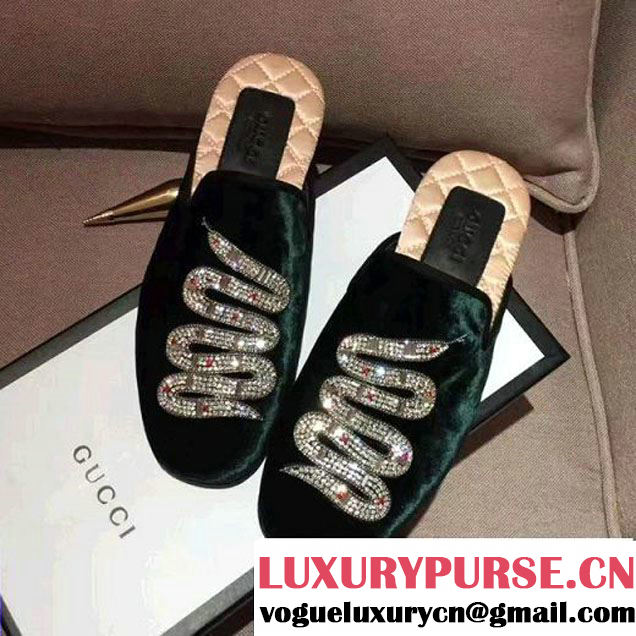 Gucci Embellished Crystal Beaded Snake Velvet Evening Slippers 472162 Green 2017 (GD5031-7051853 )