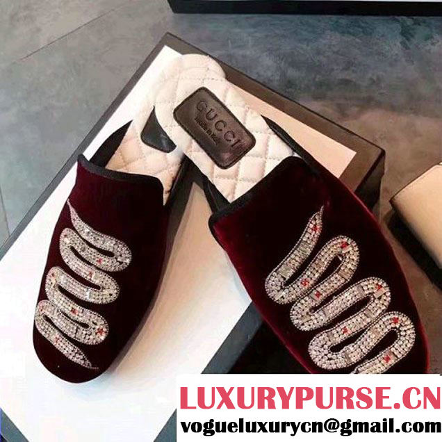 Gucci Embellished Crystal Beaded Snake Velvet Evening Slippers 472162 Burgundy 2017 (GD4042-7051854 )