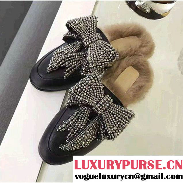 Gucci 471955 Princetown Leather Slipper with Silver Crystal Bow & Fur 2017 (GD3012-7061652 )