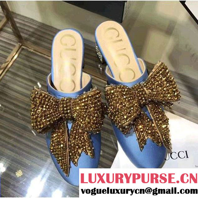 Gucci 476021 Satin Slipper with Crystal Bow & 3.5CM Heel Blue 2017 (GD3012-7061555 )