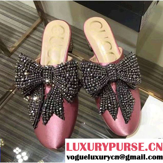 Gucci 476021 Satin Slipper with Crystal Bow & 3.5CM Heel Pink 2017 (GD3012-7061557 )