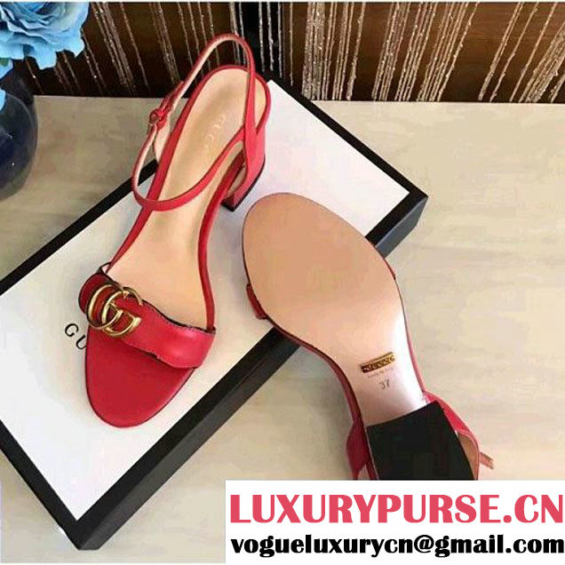 Gucci 453379 Double G Leather Mid Heel Sandal Red 2017 (GD4007-7070557 )