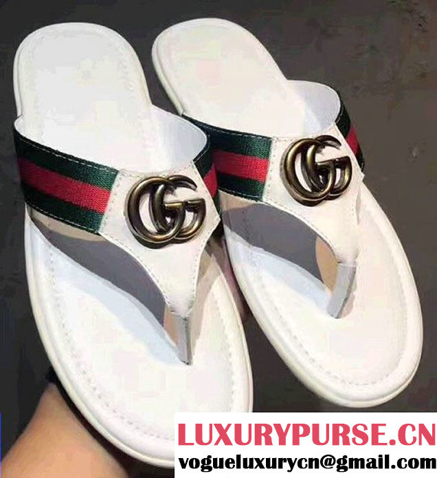 Gucci GG Web And Leather Thong Sandals White 2017