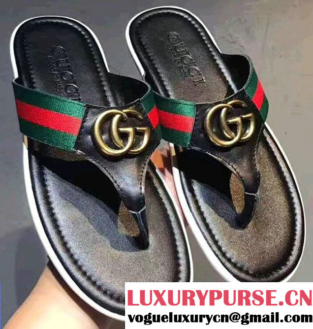 Gucci GG Web And Leather Thong Sandals Black 2017