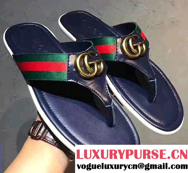 Gucci GG Web And Leather Thong Sandals Navy Blue 2017