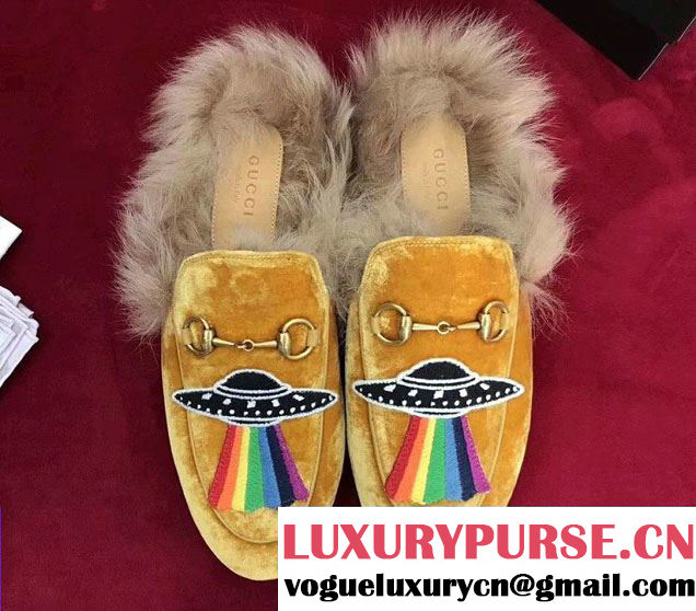 Gucci Princetown Fur Slipper Embroidered Planet Velvet Yellow 2017