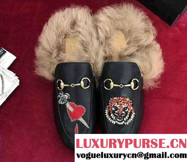 Gucci Princetown Fur Slipper Embroidered Heart Sword And Tiger Head 459102 2017