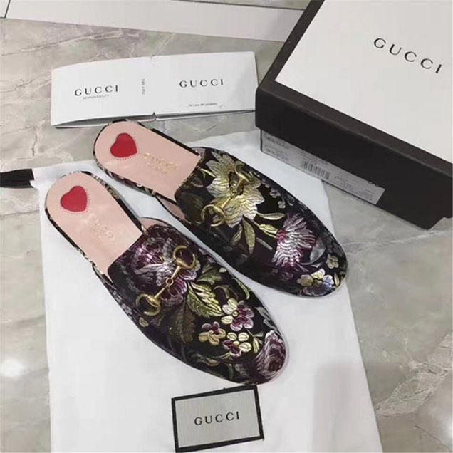 Gucci Floral Jacquard Princetown Slippers Calfskin Leather Fall Winter 2017 Collection Floral Black Multi