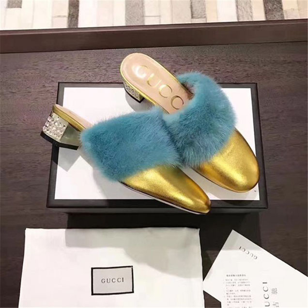 Gucci Crystal Embellished Mink Fur Mules Calfskin Leather Fall Winter 2017 Collection Metallic Turquoise Blue