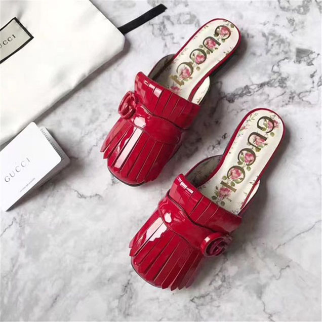 Gucci GG Marmont Patent Leather Slippers Calfskin Leather Fall Winter 2017 Collection Red