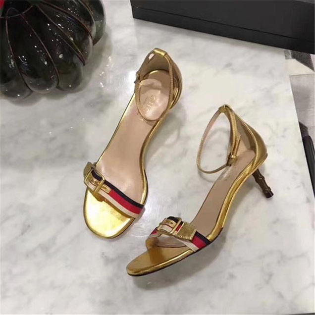 Gucci Bamboo-Trimmed Leather Sandals Calfskin Leather Fall Winter 2017 Collection Metallic Gold