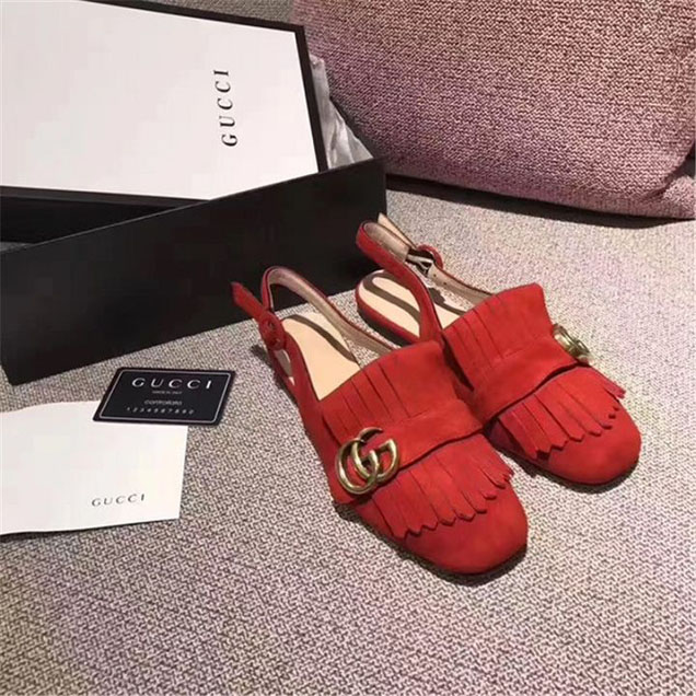 Gucci Marmont Fringed Suede Slingback Flats Calfskin Leather Fall Winter 2017 Collection Red