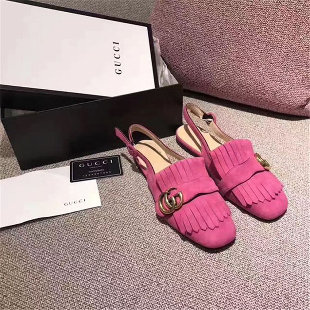 Gucci Marmont Fringed Suede Slingback Flats Calfskin Leather Fall Winter 2017 Collection Pink