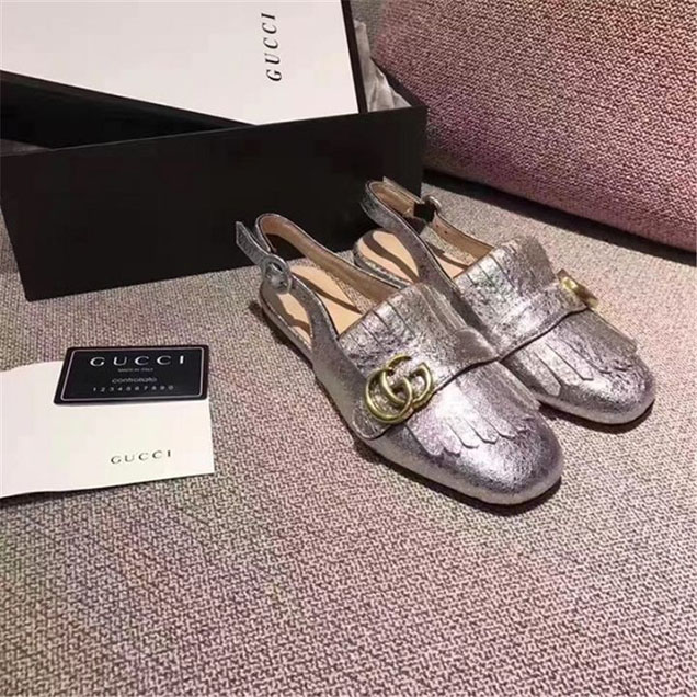 Gucci Marmont Fringed Crackled Slingback Flats Calfskin Leather Fall Winter 2017 Collection Metallic Silver