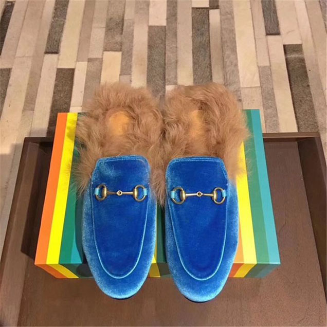 Gucci Velvet Princetown Mink Fur Mule Slipper Calfskin Leather Fall Winter 2017 Collection Blue