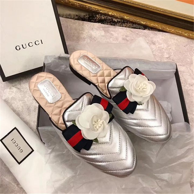 Gucci Princetown Flower Embellished with Grosgrain Bows Slippers Slipper Calfskin Leather Fall Winter 2017 Collection Silver