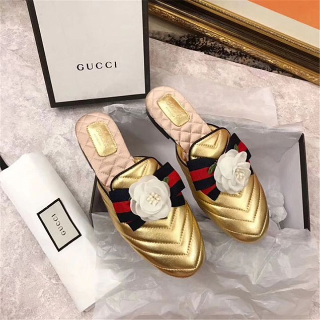 Gucci Princetown Flower Embellished with Grosgrain Bows Slippers Slipper Calfskin Leather Fall Winter 2017 Collection Gold