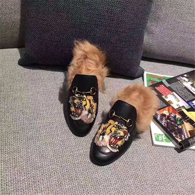 Gucci Tiger Mink Fur Princetown Mule Slipper Calfskin Leather Fall Winter 2017 Collection Black