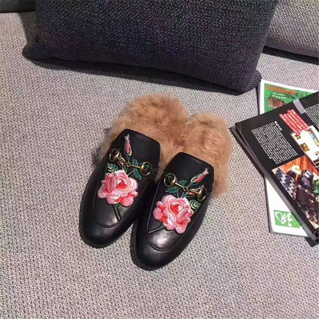 Gucci Bloom Patch Mink Fur Princetown Mule Slipper Calfskin Leather Fall Winter 2017 Collection Black