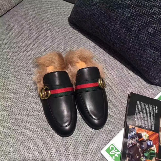 Gucci Webbing-Trimmed Mink Fur Princetown Mule Slipper Calfskin Leather Fall Winter 2017 Collection Black