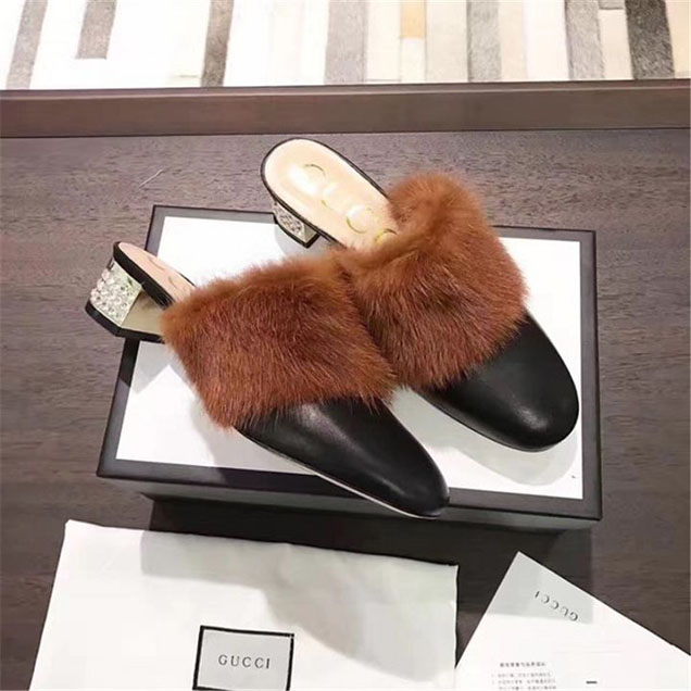 Gucci Crystal Embellished Mink Fur Mules Calfskin Leather Fall Winter 2017 Collection Tan Black