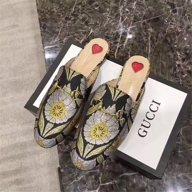 Gucci Metallic Floral Jacquard Princetown Mule Slipper Calfskin Leather Fall Winter 2017 Collection Black