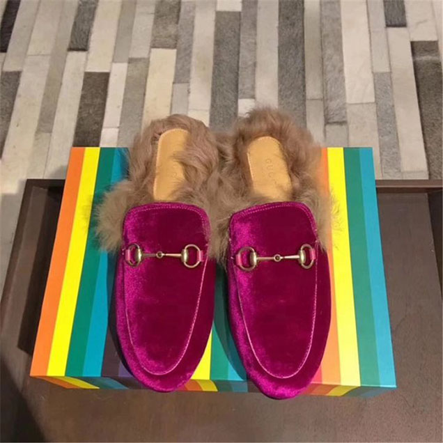 Gucci Velvet Princetown Mink Fur Mule Slipper Calfskin Leather Fall Winter 2017 Collection Berry