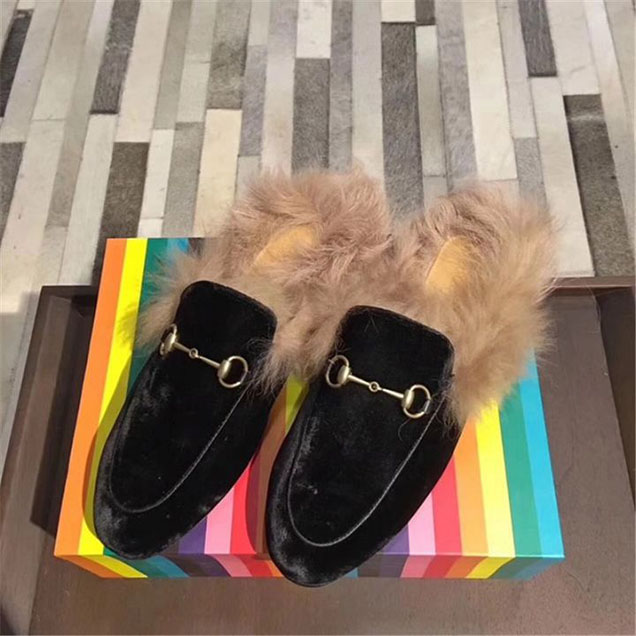 Gucci Velvet Princetown Mink Fur Mule Slipper Calfskin Leather Fall Winter 2017 Collection Black