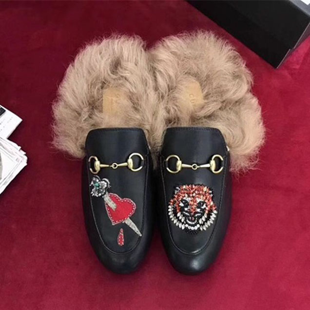 Gucci Lion & Pierced Heart Embellished Princetown Mink Fur Mule Slippers Calfskin Leather Fall Winter 2017 Collection Black