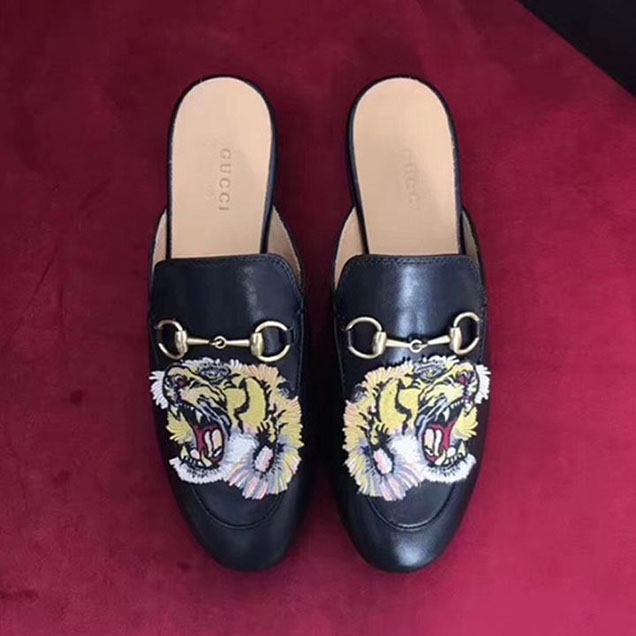 Gucci Tiger Embellished Mule Slippers Calfskin Leather Fall Winter 2017 Collection Black