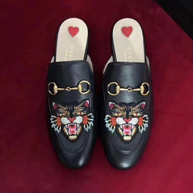 Gucci Angry Cat Embellished Mule Slippers Calfskin Leather Fall Winter 2017 Collection Black